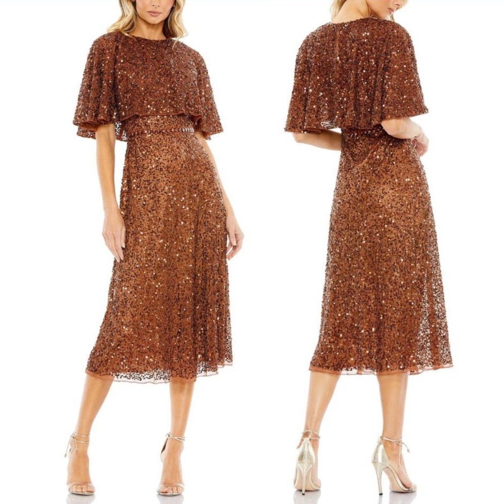Mac Duggal Embellished Cape High Neck Midi Tea Length Dress In Copper - Reemoly
